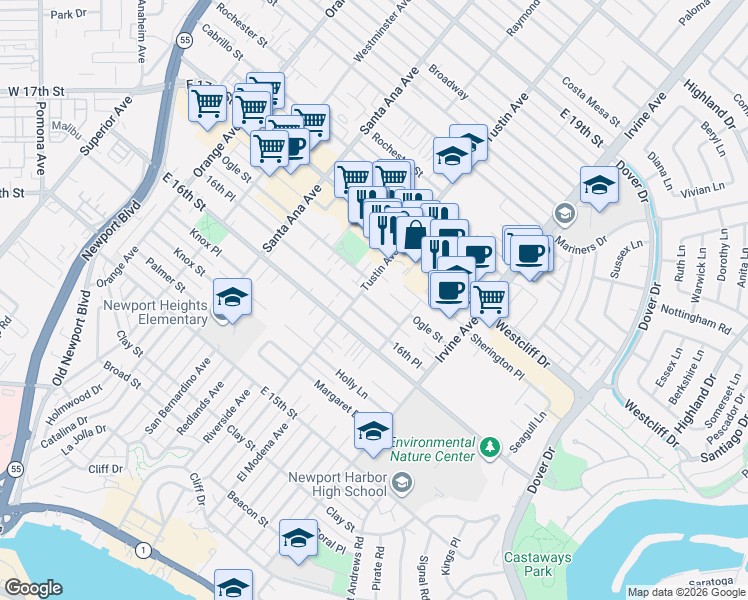 map of restaurants, bars, coffee shops, grocery stores, and more near 411 Lenwood Drive in Costa Mesa