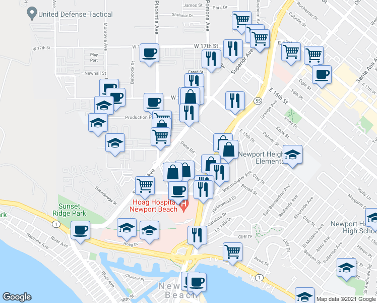 map of restaurants, bars, coffee shops, grocery stores, and more near 4201 Dana Road in Newport Beach