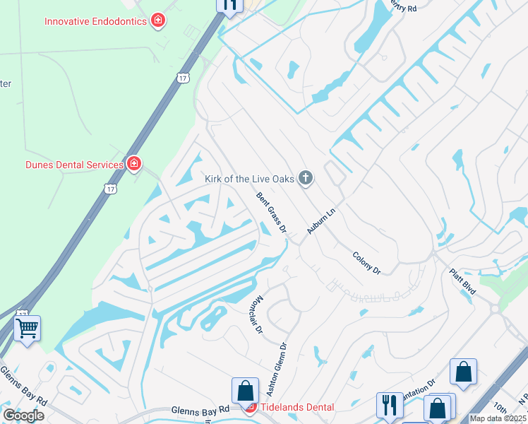 map of restaurants, bars, coffee shops, grocery stores, and more near 1939 Bent Grass Drive in Myrtle Beach