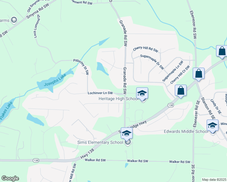 map of restaurants, bars, coffee shops, grocery stores, and more near 2305 Lochinver Lane Southwest in Conyers