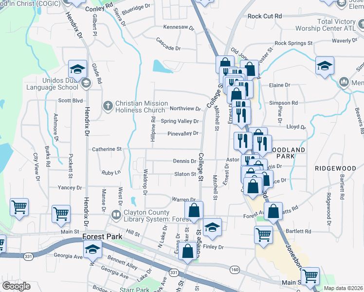 map of restaurants, bars, coffee shops, grocery stores, and more near 862 Catherine Street in Forest Park
