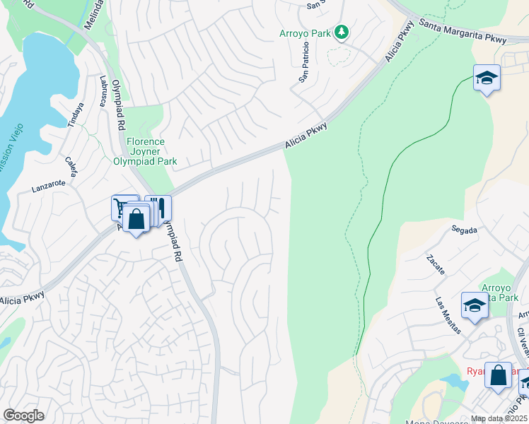 map of restaurants, bars, coffee shops, grocery stores, and more near 22921 Maiden Lane in Mission Viejo