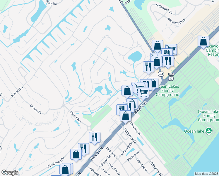 map of restaurants, bars, coffee shops, grocery stores, and more near 215 Pacific Commons Drive in Surfside Beach
