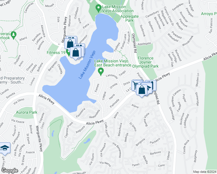 map of restaurants, bars, coffee shops, grocery stores, and more near 22982 Tiagua in Mission Viejo