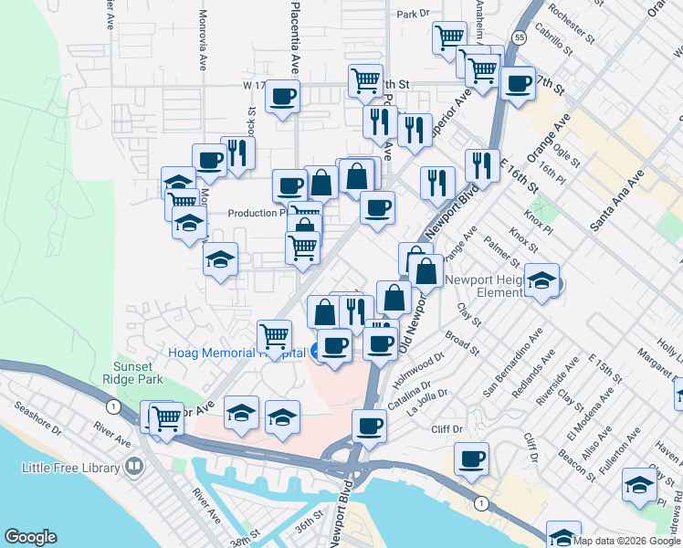 map of restaurants, bars, coffee shops, grocery stores, and more near 456 Orion Way in Newport Beach