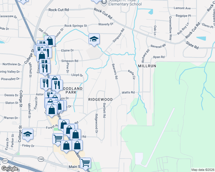 map of restaurants, bars, coffee shops, grocery stores, and more near 4625 Bartlett Road in Forest Park