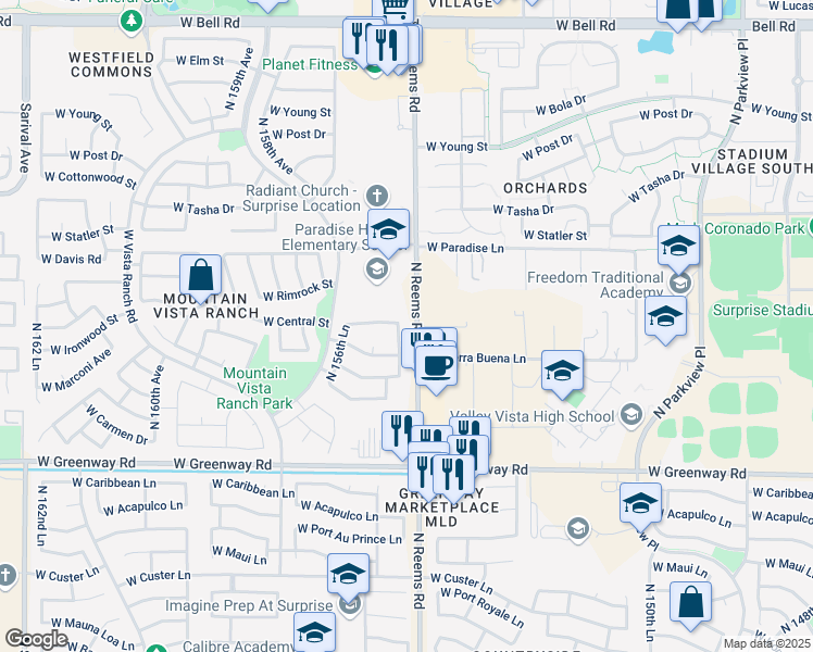 map of restaurants, bars, coffee shops, grocery stores, and more near 15827 North 155th Drive in Surprise