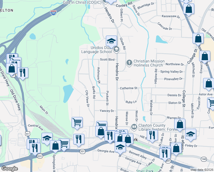 map of restaurants, bars, coffee shops, grocery stores, and more near 4635 Puckett Street in Forest Park