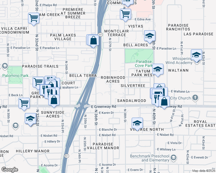 map of restaurants, bars, coffee shops, grocery stores, and more near 15620 North 37th Street in Phoenix
