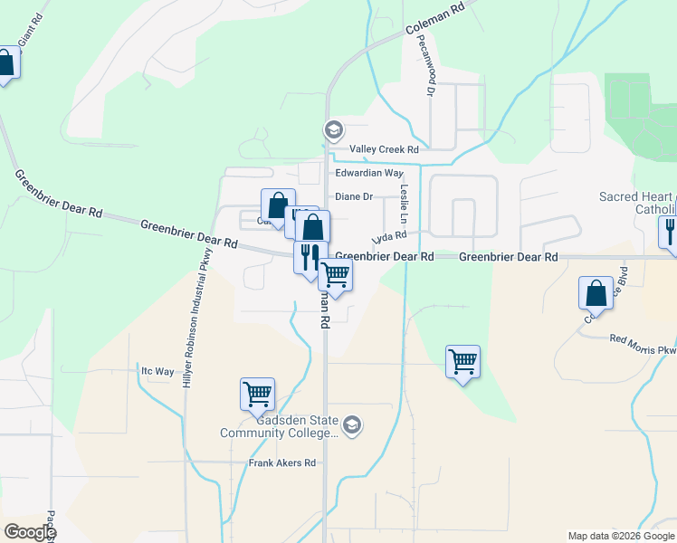 map of restaurants, bars, coffee shops, grocery stores, and more near 1930 Coleman Road in Anniston