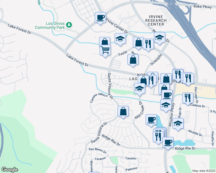 map of restaurants, bars, coffee shops, grocery stores, and more near 22991 Caminito Olivia in Laguna Hills