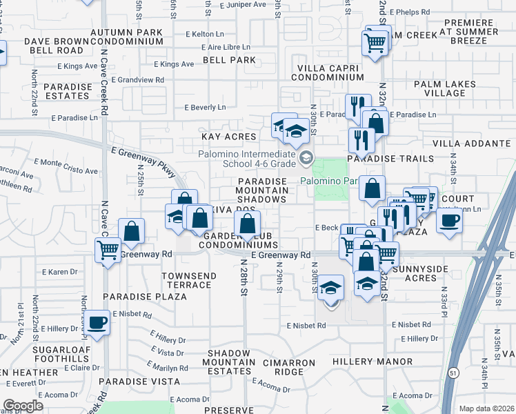 map of restaurants, bars, coffee shops, grocery stores, and more near 2827 East Waltann Lane in Phoenix