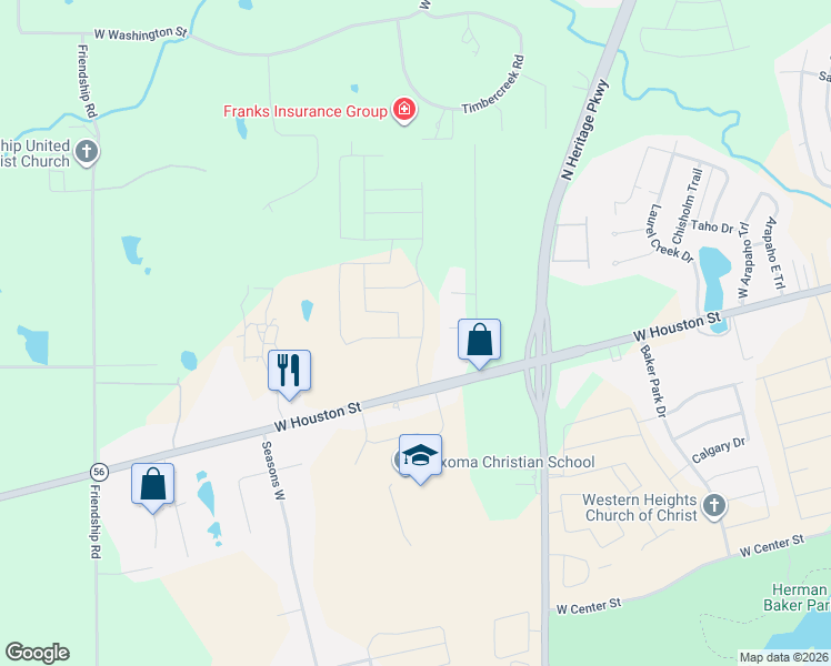 map of restaurants, bars, coffee shops, grocery stores, and more near 3305 West Houston Street in Sherman