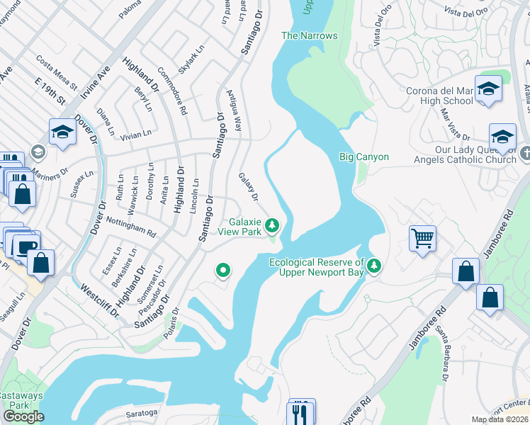map of restaurants, bars, coffee shops, grocery stores, and more near 1425 Galaxy Drive in Newport Beach