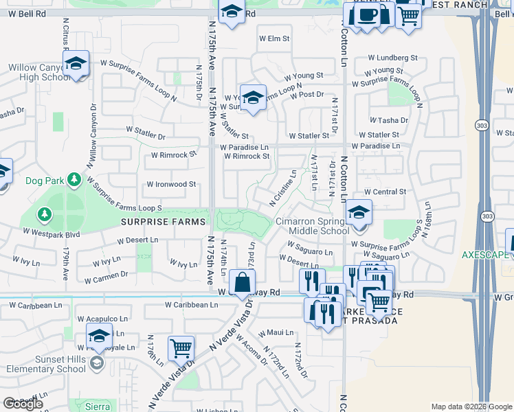 map of restaurants, bars, coffee shops, grocery stores, and more near 17327 West Tara Lane in Surprise