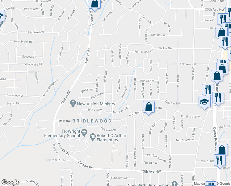 map of restaurants, bars, coffee shops, grocery stores, and more near 1613 5th Way Northwest in Birmingham