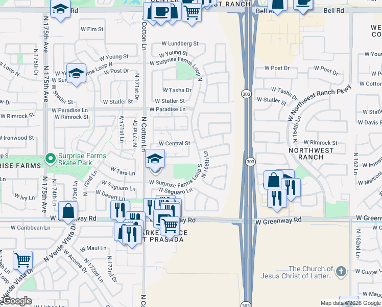 map of restaurants, bars, coffee shops, grocery stores, and more near 16909 West Marconi Avenue in Surprise