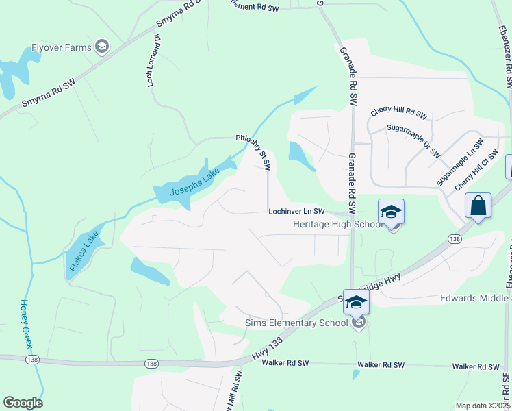 map of restaurants, bars, coffee shops, grocery stores, and more near 2319 Lochinver Lane Southwest in Conyers