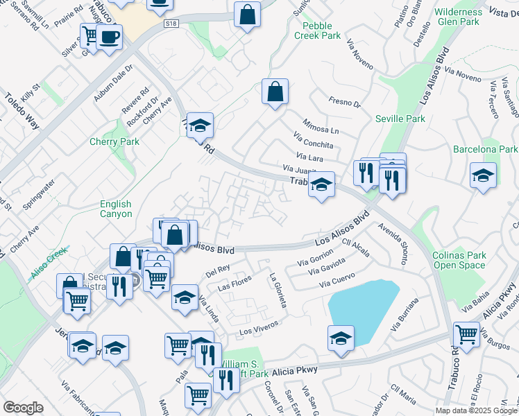map of restaurants, bars, coffee shops, grocery stores, and more near 26322 Via Roble in Mission Viejo
