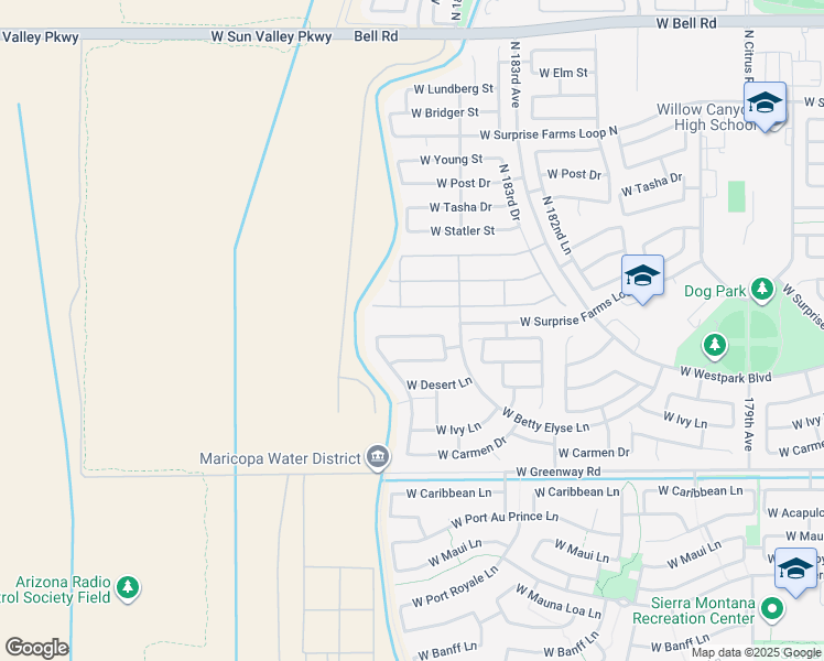 map of restaurants, bars, coffee shops, grocery stores, and more near 18450 West Marconi Avenue in Surprise