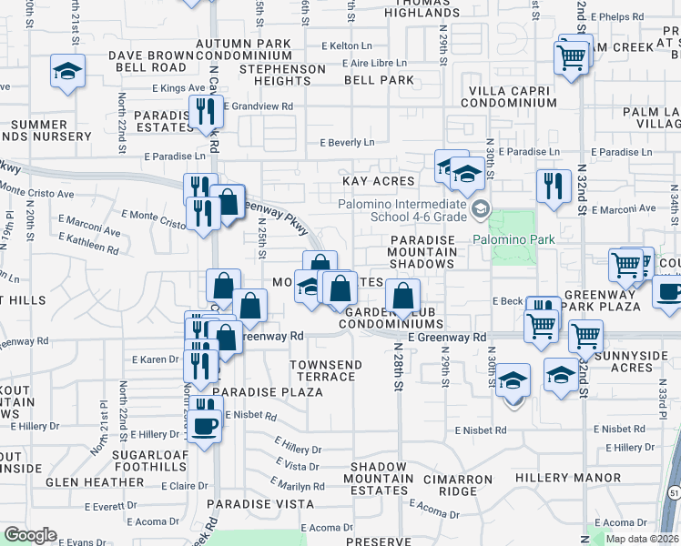 map of restaurants, bars, coffee shops, grocery stores, and more near 2649 East Waltann Lane in Phoenix