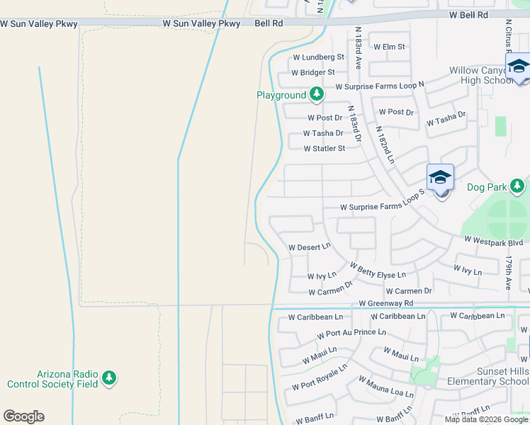 map of restaurants, bars, coffee shops, grocery stores, and more near 15892 North 185th Avenue in Surprise