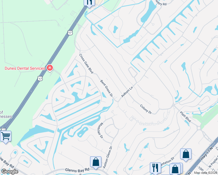 map of restaurants, bars, coffee shops, grocery stores, and more near 1939 Bent Grass Drive in Myrtle Beach