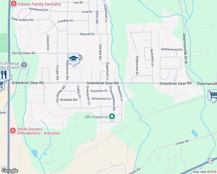 map of restaurants, bars, coffee shops, grocery stores, and more near 4131 Eastover Drive in Anniston