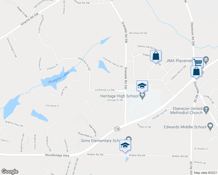 map of restaurants, bars, coffee shops, grocery stores, and more near 2305 Lochinver Lane Southwest in Conyers