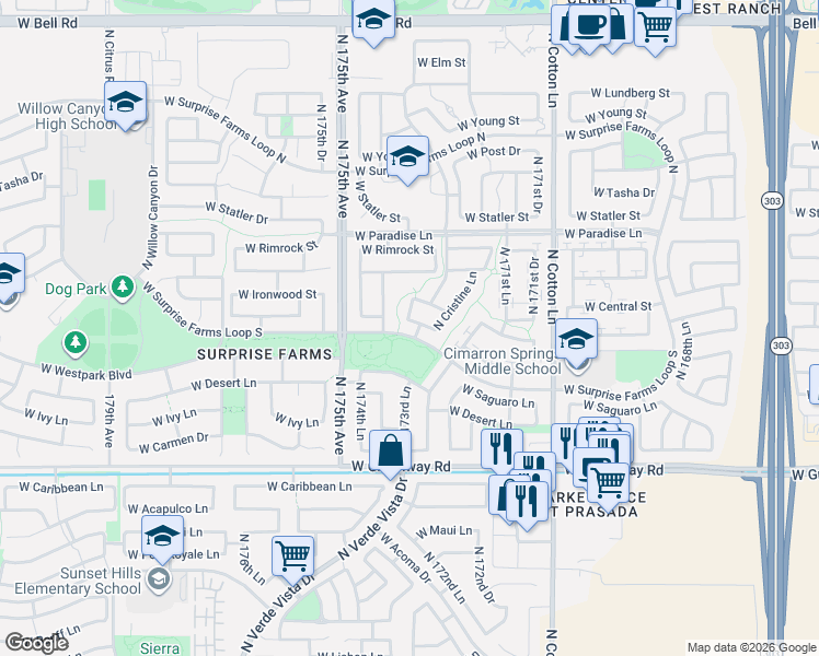 map of restaurants, bars, coffee shops, grocery stores, and more near 17327 West Tara Lane in Surprise