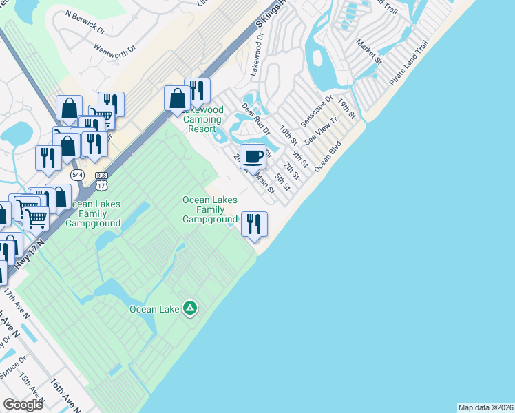 map of restaurants, bars, coffee shops, grocery stores, and more near 5905 Ocean Boulevard in Myrtle Beach
