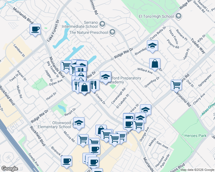 map of restaurants, bars, coffee shops, grocery stores, and more near 22882 Loumont Drive in Lake Forest
