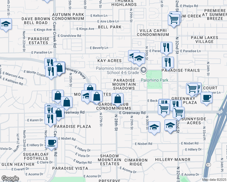 map of restaurants, bars, coffee shops, grocery stores, and more near 15601 North 27th Street in Phoenix