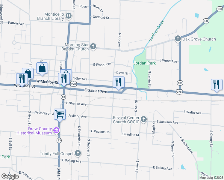 map of restaurants, bars, coffee shops, grocery stores, and more near 117 North Conley Street in Monticello