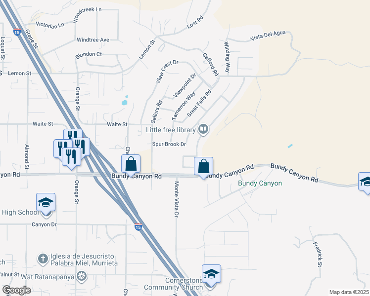 map of restaurants, bars, coffee shops, grocery stores, and more near 33868 Breckenridge Trail in Wildomar