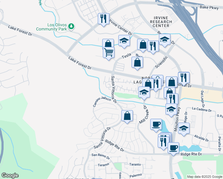 map of restaurants, bars, coffee shops, grocery stores, and more near 22991 Caminito Olivia in Laguna Hills
