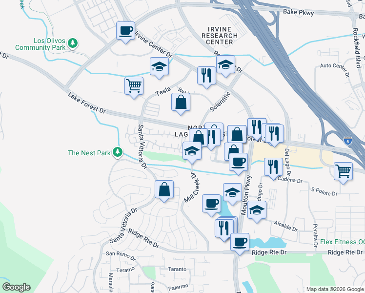 map of restaurants, bars, coffee shops, grocery stores, and more near 22952 Caminito Poco in Laguna Hills