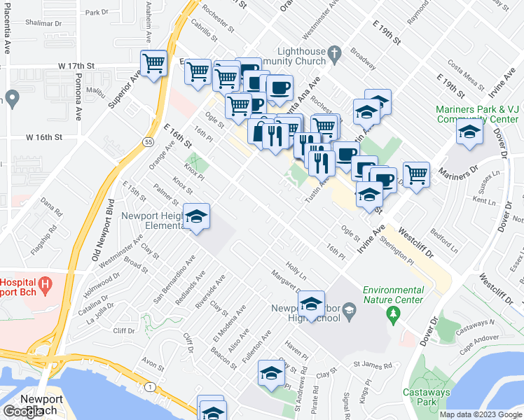 map of restaurants, bars, coffee shops, grocery stores, and more near 355 East 16th Street in Costa Mesa