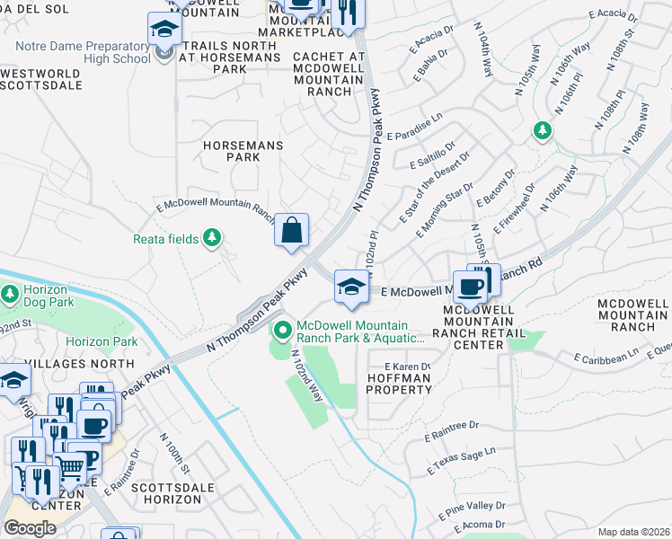 map of restaurants, bars, coffee shops, grocery stores, and more near 10119 East Tierra Buena Lane in Scottsdale