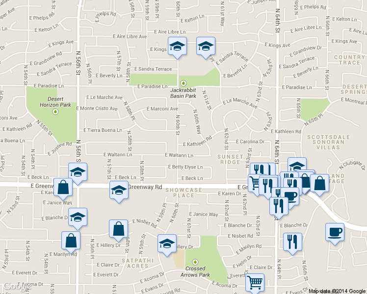 map of restaurants, bars, coffee shops, grocery stores, and more near 6009 East Kathleen Road in Scottsdale