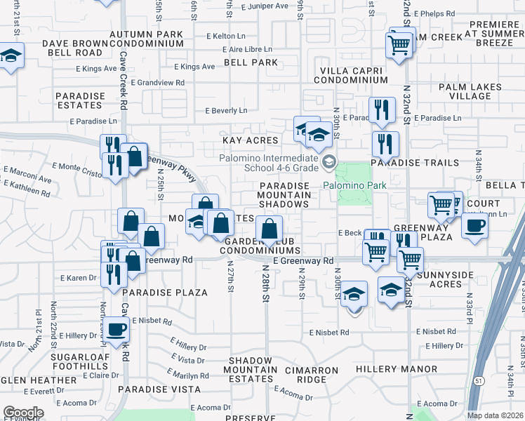 map of restaurants, bars, coffee shops, grocery stores, and more near 15601 North 27th Street in Phoenix