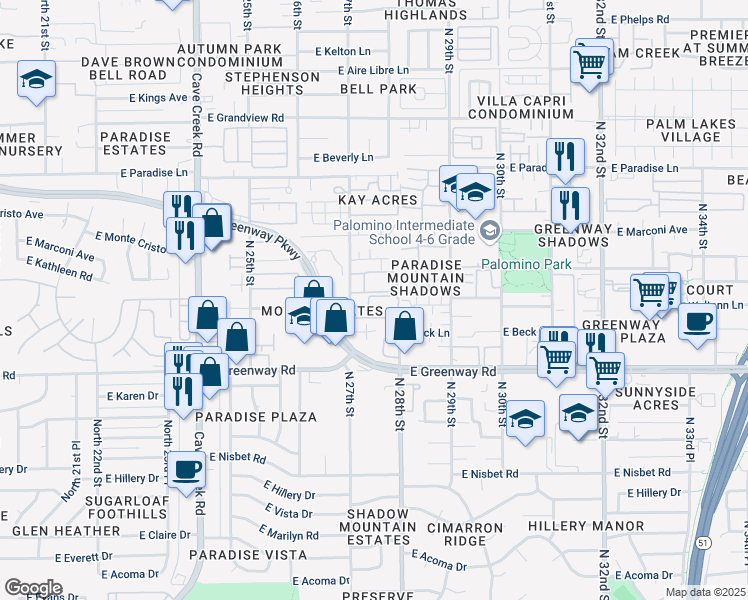 map of restaurants, bars, coffee shops, grocery stores, and more near 15601 North 27th Street in Phoenix