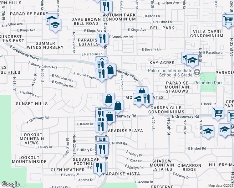 map of restaurants, bars, coffee shops, grocery stores, and more near 2439 East Waltann Lane in Phoenix