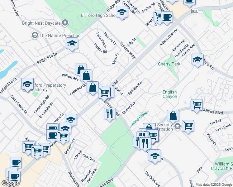 map of restaurants, bars, coffee shops, grocery stores, and more near 23012 Village Drive in Lake Forest