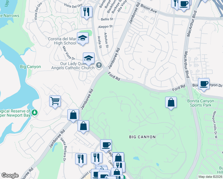 map of restaurants, bars, coffee shops, grocery stores, and more near 8 Rue Villars in Newport Beach