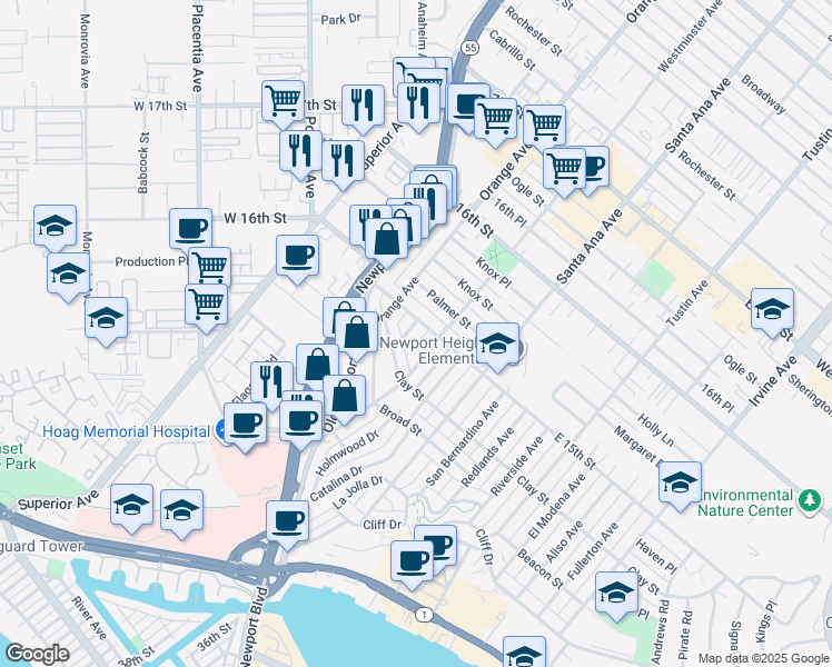 map of restaurants, bars, coffee shops, grocery stores, and more near 510 Bolsa Avenue in Newport Beach