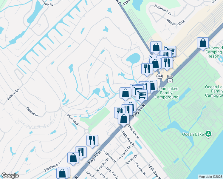 map of restaurants, bars, coffee shops, grocery stores, and more near 215 Pacific Commons Drive in Surfside Beach