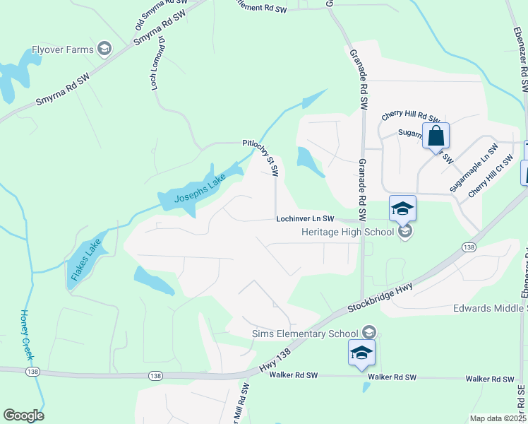 map of restaurants, bars, coffee shops, grocery stores, and more near 2319 Lochinver Lane Southwest in Conyers