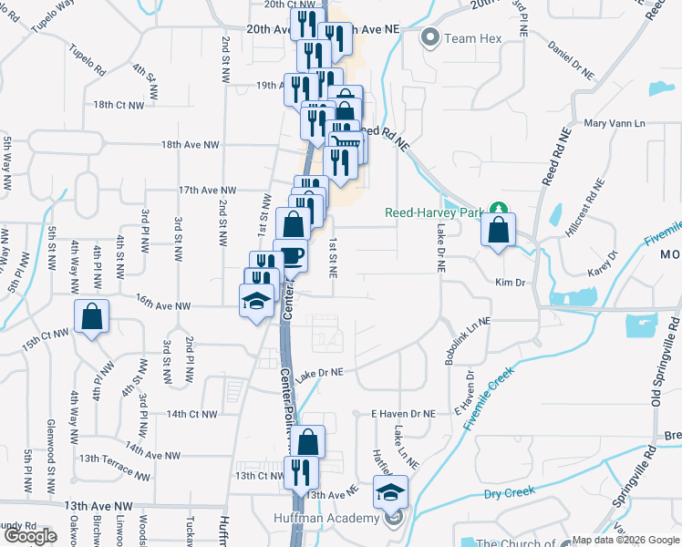 map of restaurants, bars, coffee shops, grocery stores, and more near 1604 1st Street Northeast in Center Point