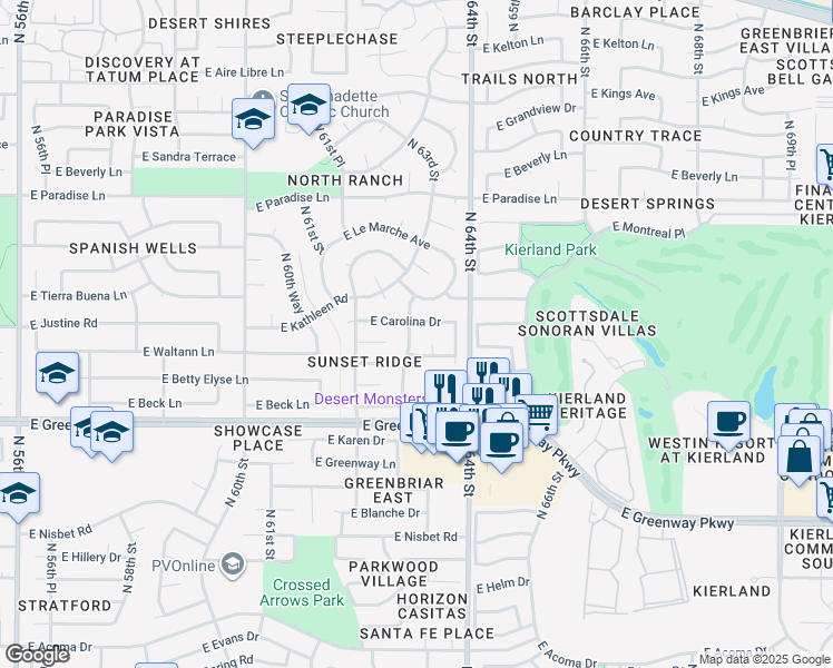 map of restaurants, bars, coffee shops, grocery stores, and more near 15625 North 63rd Street in Scottsdale